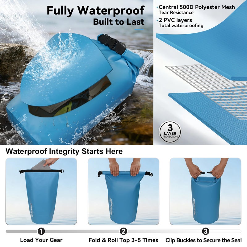 MARCHWAY Floating Waterproof Dry Bag Backpack 5L/10L/20L/30L/40L, Roll Top Sack Keeps Gear Dry for Kayaking, Rafting, Boating, Swimming, Camping, Hiking, Beach, Fishing (Light Blue, 10L) - Image 3